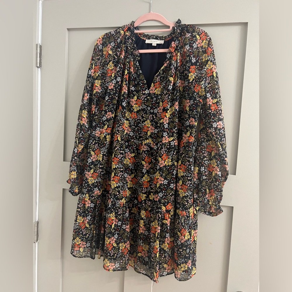 Loft Navy Floral Dress Sz Petite L